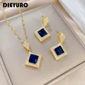 DIEYURO 316L Stainless Steel Square Dark Blue Crystal Charm Necklace Earrings For Women Girl New