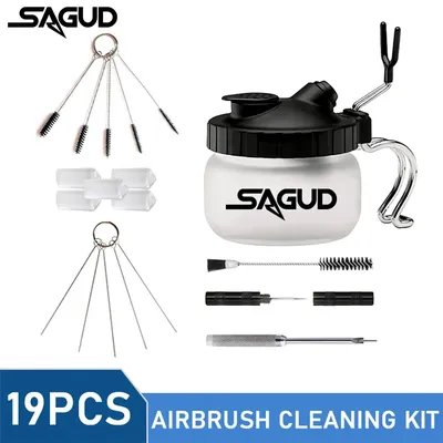 SAGUD Airbrush Cleaning Kit Clean Pot Jar with Holder and Cleaning Brushes/Needles Double–Ended Brush AirBrush Protection Covers