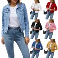 Women's Denim Jackets Fashion Female Casual Long Sleeve Lapel Solid Button Down Chest Pocket Slim