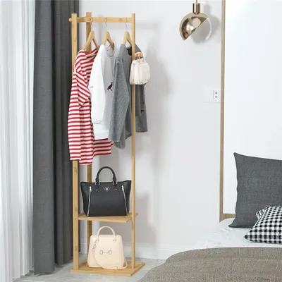 Bamboo Garment Rack, Clothing Rack with 2 Tier Storage Shelves, Wooden Garment Rack, Clothes Hanging
