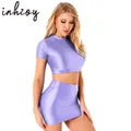 Womens Glossy Two-piece Outfit Oil Shiny Smooth High Waist Mini Skirt with Tank Top Nightclub Rave