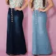 Front Button Washed Denim A-line Skirts For Teen Girls High Waisted Long Jean Skirt For Women Midi