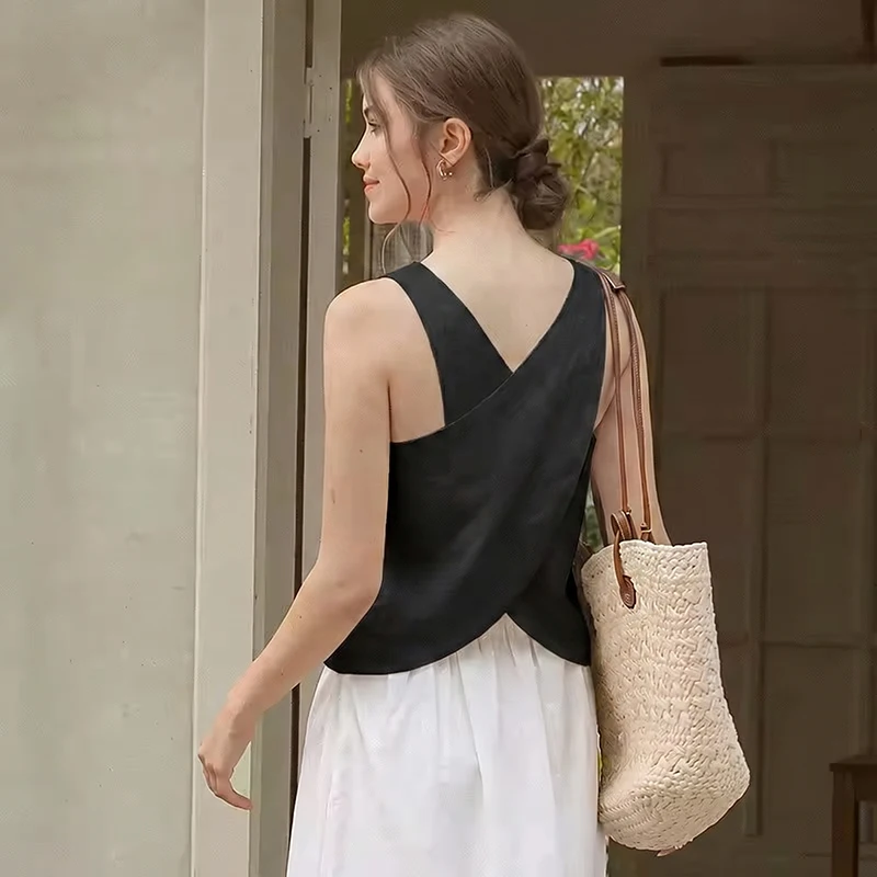100% Linen Top Women Casual Solid Back Cross Patchwork Tank Top Summer Tops Haut Femme Women'S Clothing Offer Free Shipping