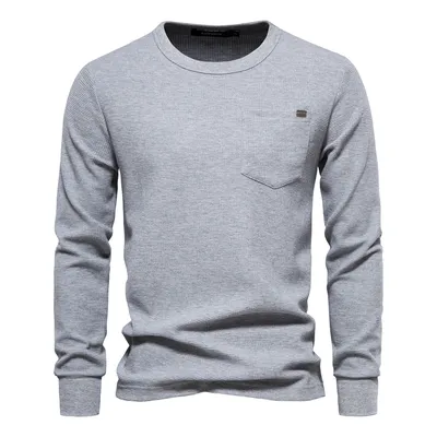 AIOPESON Waffle Cotton Solid Color Men Tshirts Single Pocket Long Sleeve Tee Shirts for Men New Spring Basic Breathable Tops Men