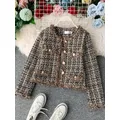 New Autumn Winter Vintage Tweed Jacket Coat Women Small Fragrance Patchwork Korean Woollen Cropped