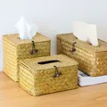 Straw Tissue Box Handmade Woven Rattan Napkin Holder Box Roll Paper Tray Car Living Room Storage Box