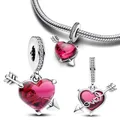 925 Sterling Silver Sparkling Pink Heart Charms Beads Fit Pandora 925 Original Bracelet Charms for