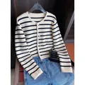 Korean Fashion Sweater Cardigan White Black Striped Knitted Sweater Women Short Cardigan Long Sleeve