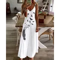 Casual Feather Bird Print Spaghetti Strap Maxi Dress V-Neck Summer Daily Cami Flared Vacation