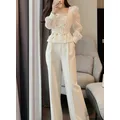 Women's 2 Pant Set White Two Pieces Sets Pants for Woman Wide Leg Party Trousers Suits Blazer and