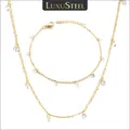 LUXUSTEEL Dainty Women Necklace Bracelet Set Gold Color Stainless Steel CZ Crystal Charm Rolo Chain