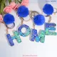 A-Z Sequin Filled Resin Initials Keychain with Blue Pompom Pendant for Women Purse Bag Accessories