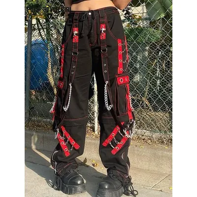 Cyber Punk Unisex Cargo Wide Leg Pants Chain Bandage Ruched Tie Capris Pants Women Gothic Baggy Trousers BF Hippie Grunge Jogger