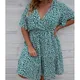 Plus Size Dress Woman 2023 Summer V Neck Short Sleeve Floral Print Casual Midi Dress High Waist Chic
