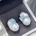 Natural Fresh Water Irregular Aurora Bright White Baroque Pearl Earrings S925 Sterling Silver