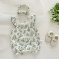 MILANCEL New Summer Baby Girls Rompers One-Pieced Toddler Sweet Green Floral Jumpsuit with Hairband