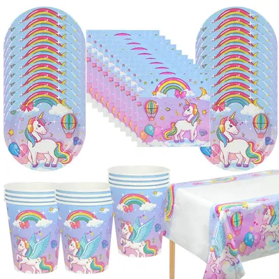 61Pcs/set Rainbow Unicorn Disposable Tableware Paper Plate Cup Tablecloth Girls Unicorn Theme