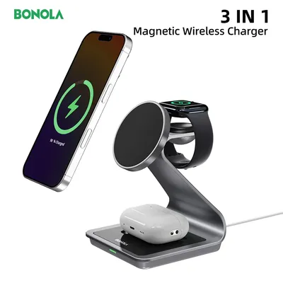 Bonola 3 in 1 Charging Station for iPhone 17/16/15/14/13 Magnetic Dock Metal Wireless Charger Stand for Apple Watch/AirPods Pro