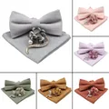 Men Super Soft Suede Solid Color Cotton Bow Tie Handkerchief Brooch Set Bowtie Orange Pink Blue