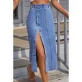 2022 Women's Button A-line Side Split High Waist Denim Skirt Office Lady Black Blue Midi Jean Skirts