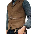 Business Mens Suit Vest Lapel V Neck Wool Herringbone Casual Brown Waistcoat Casual Formal Groomsman