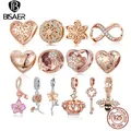 BISAER 925 Sterling Silver Rose Gold Charm Bead Heart Flower Pendant For Girl Bracelet DIY Mother's