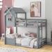 Twin over Twin Bunk Bed with Windmill and Window Decoration, Lovely Kids House Bed Frame with Guardrails and Ladder, 2 Colors