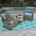 3 Pieces Rocking Wicker Bistro Set Patio Outdoor Furniture Conversation Sets with Porch Chairs and Glass Coffee Table for Garden Pool Backyard Gray Cushions