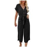Olyvenn Deals Womens Jumpsuit Fashion Women s Casual Summer 2023 Trendy Solid Color Short Sleeve Pocket Lace Up Loose Rompers Jumpsuit Beach Comfy Boho Rompers Black XXXL