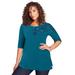 Plus Size Women's Three-Quarter Sleeve Embellished Tunic by Roaman's in Teal Embroidered Vines (Size 22/24) Long Shirt