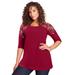 Plus Size Women's Three-Quarter Sleeve Embellished Tunic by Roaman's in Rich Burgundy Floral Embroidery (Size 38/40) Long Shirt