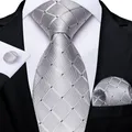 2023 New Sliver Grey Plaid Striped Silk Ties for Men 150cm Business Wedding Neck Tie Pocket Square