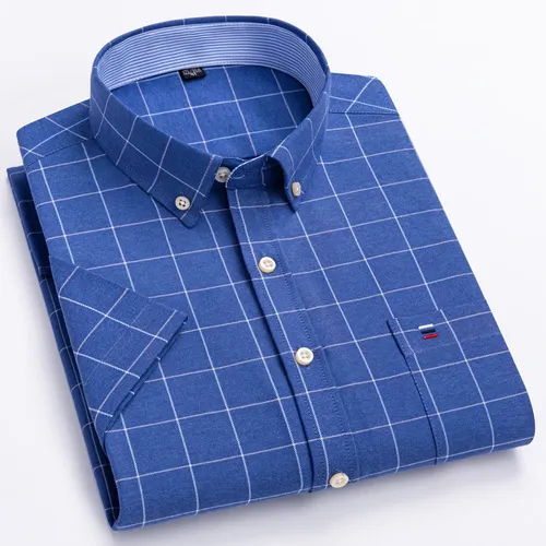 Herrenmode vielseitiges Kurzarm-Oxford-Shirt mit einer Brusttasche und normaler Passform