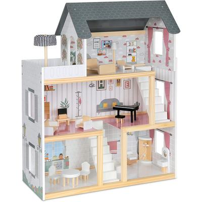 Lil' Jumbl Wooden Dollhouse with 17-Piece Accessories and Furniture - N/A