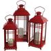 Melrose Lantern Metal & Glass Set of 3 Red Candle Lantern Rustic Farmhouse Decor for Patio Deck and Garden and Hanging Outside Light