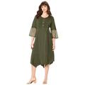 Plus Size Women's Embroidered Acid-Wash Boho Dress by Roaman's in Dark Olive Green (Size 26 W)