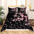 Pink Cherry Blossom Duvet Cover Double, Cute Floral Bedding Set, Japanese Flowers Blossoms Romantic Comforter Cover, Farmhouse Petals Spring Rustic Room Decor Quilt Cover for Young Women Girls