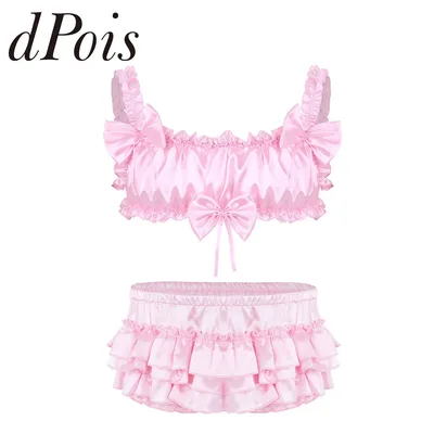Männer Sissy Satin Dessous Set Rüschen Rüschen Träger Draht-freies BH Top Mit Zünder Tiered Rock Image
