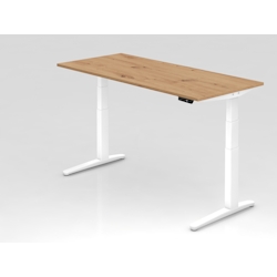 PROREGAL Sitz-Steh-Schreibtisch Pekka | Asteiche | Weißes GestellBxT 180x80cm | Höhe 65-130cm | elektrisch stufenlos höhenverstellbar | C-Fuß Gestell