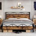17 Stories Bed Frame w/ Rustic Wood Headboard & Footboard Metal in Brown | 43.3 H x 83.1 W x 78 D in | Wayfair 4F9C2472F3924822A462CDCC2AAEC3F5