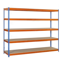 SimonRack Simonforte Spanplatte 5 Fachböden mit 600 kg pro Ebene in BLAU/ORANGE/HOLZ Farbe 3000x1500x450 mm (Höhe x Länge x Breite) Image