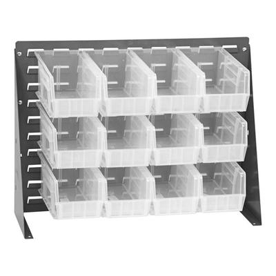 Quantum 27 3/4" x 21" Gray Steel Bench Rack with (12) 10 7/8" x 5 1/2" x 5" Clear Bins QBR-2721-230-12CL