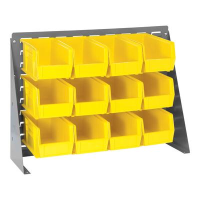 Quantum 27 3/4" x 21" Gray Steel Bench Rack with (12) 10 7/8" x 5 1/2" x 5" Yellow Bins QBR-2721-230-12YL