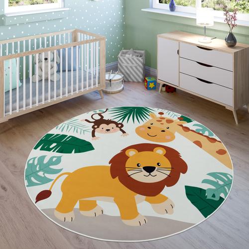 Kinderteppich PACO HOME ""Bino 582"" Teppiche Gr. Ø 200cm, 4mm, beige Kinder Spielteppich, Motiv Tiere, Löwe & Giraffe, Kinderzimmer