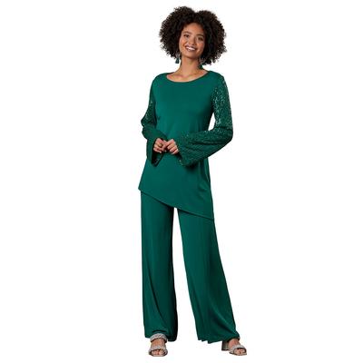 Masseys Sequin Sleeve Pant Set (Size XL) Emerald Green, Polyester,Spandex