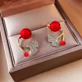 Red Imitation Pearl Crystal Ginkgo Leaf Stud Earrings for Women Simple Back Hang Post Brincos Party