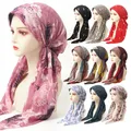 Womens Flower Print Hats Stretch Muslim Hijab Leaves Cap Turban Hats Cover Scarf Wrap Pre-Tied