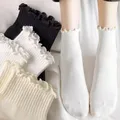 4pcs Summer Cotton Ruffles Ankle Socks Women INS Cute Kawaii Luxury Korean Sock Girl Spring Black