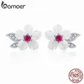 Bamoer 925 Sterling Silver Pure Shell Flower Stud Earring for Women Pave Setting CZ Fashion Korea