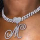Hip Hop Bling Crystal A-Z Cursive Letters Heart Pendant Necklace for Women Men Initials Name CZ